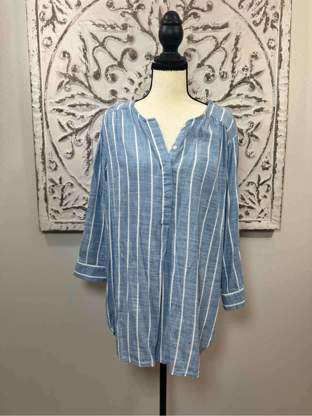 Nine West Jeans XL Blue White Stripe Tunic Blouse Split Neck 3/4 Sleeve Coastal - Picture 6 of 10